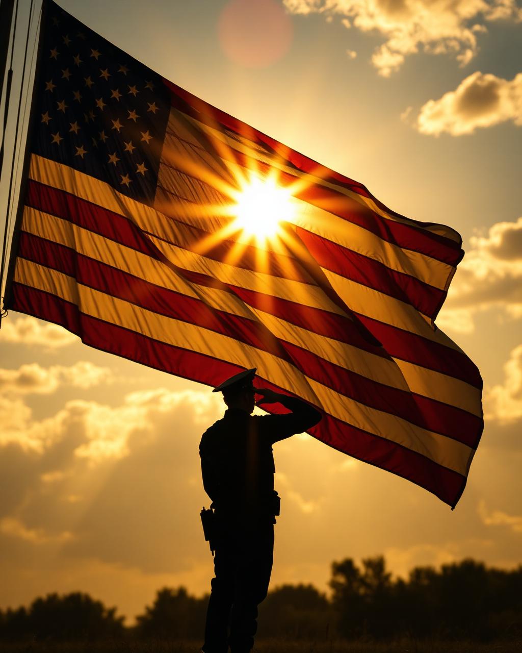 American flag at golden hour with soldier saluting
